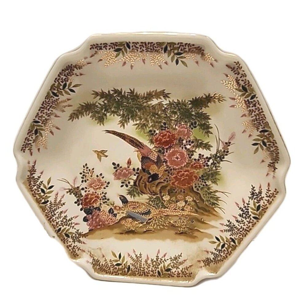 Vintage Asahi Japan Peacocks Hexagon  Plate with Gold Trim 7 Inch Diameter